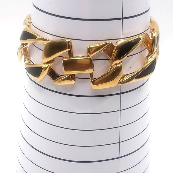 Napier Signed Bracelet Gold-Tone Black Enamel Art Deco Link Chain Style 7" Long - Picture 11 of 12